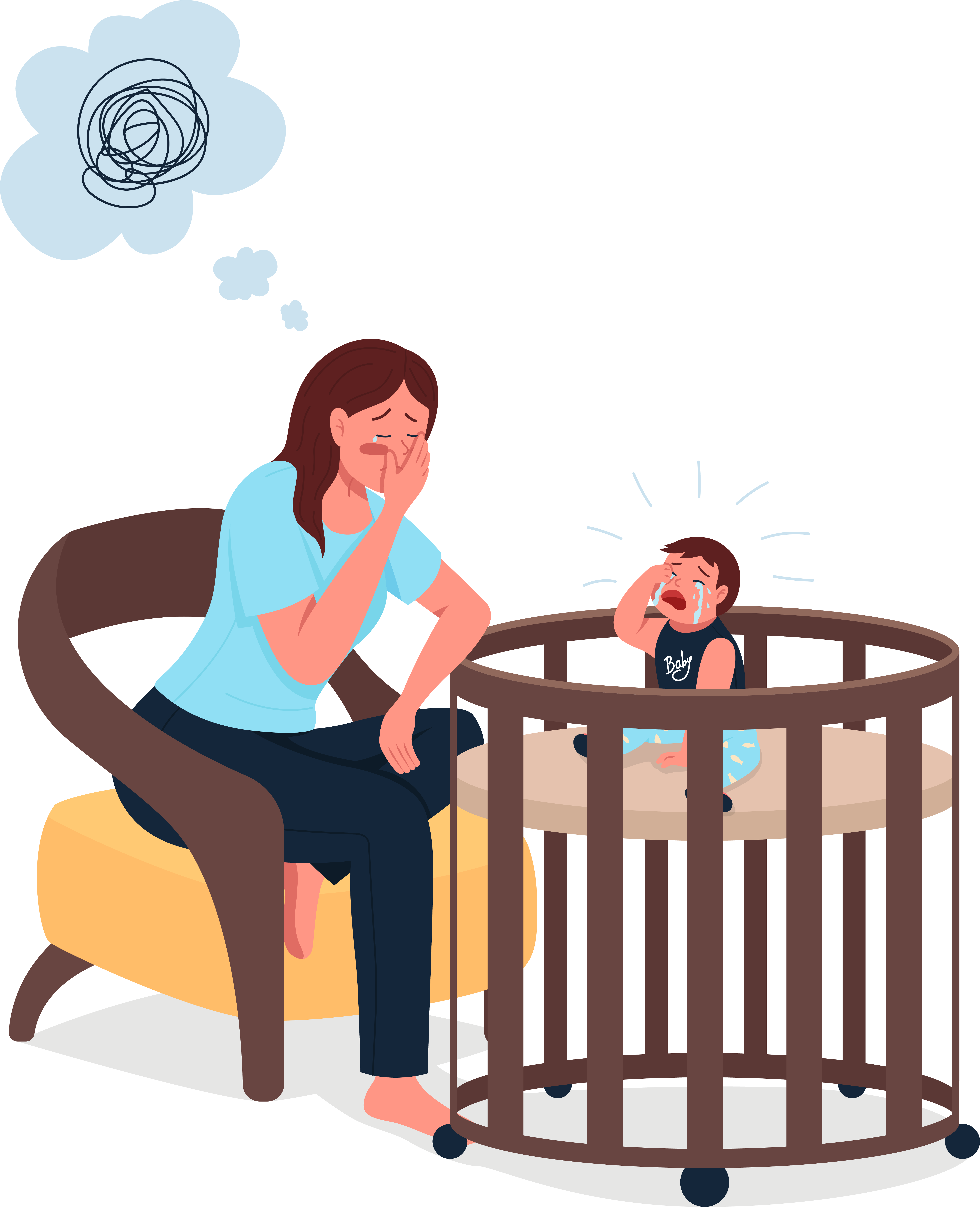 Mother crying while baby is crying in crib