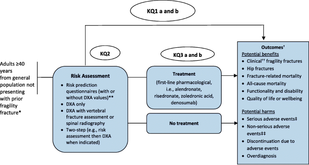 Figure 2 shows an example of an analytic framework used by the Task Force and shows (from left to right) the population identified for study, the interventions to be studied, the outcomes which are shown in the final box and identified as benefits or harms.