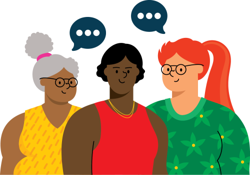 Illustration of a diverse group of women with speech bubbles