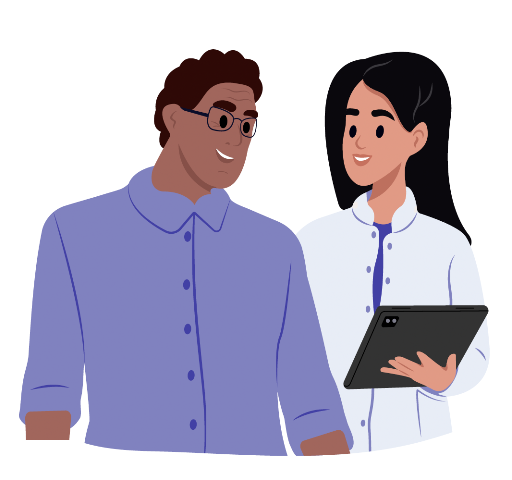 Illustration of a male patient and female primary care practitioner talking 