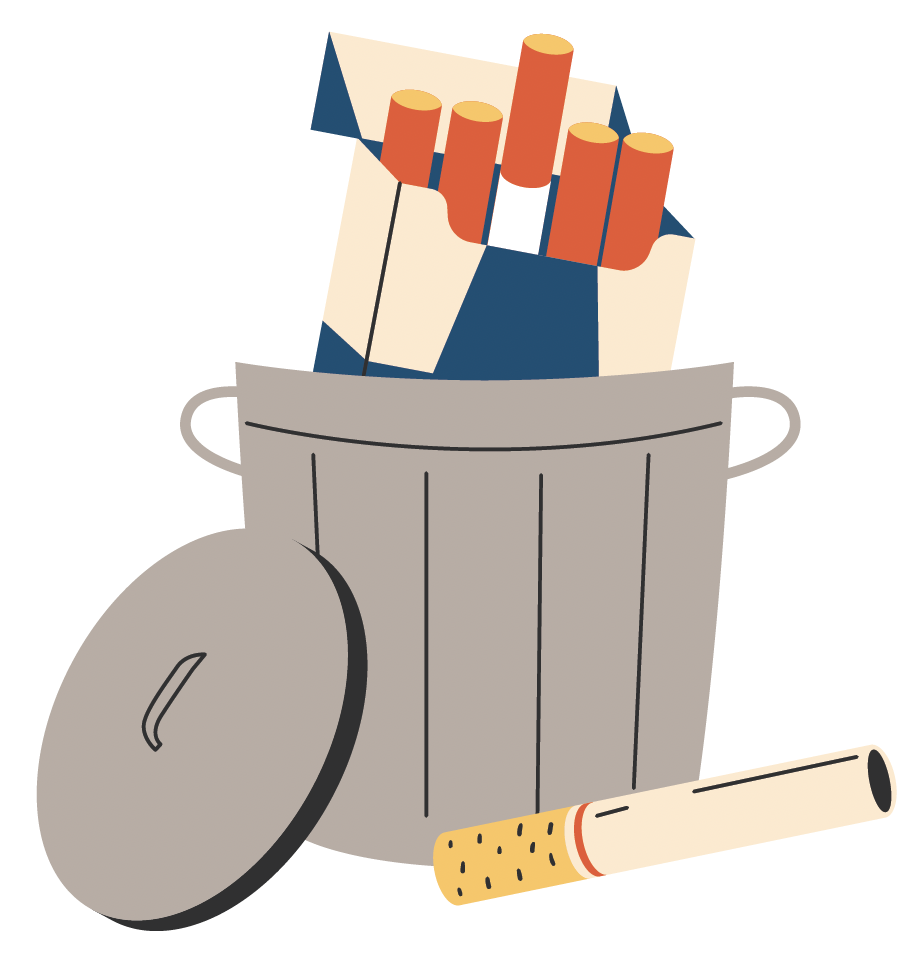 Illustration of a pack of cigarettes inside of a trash can